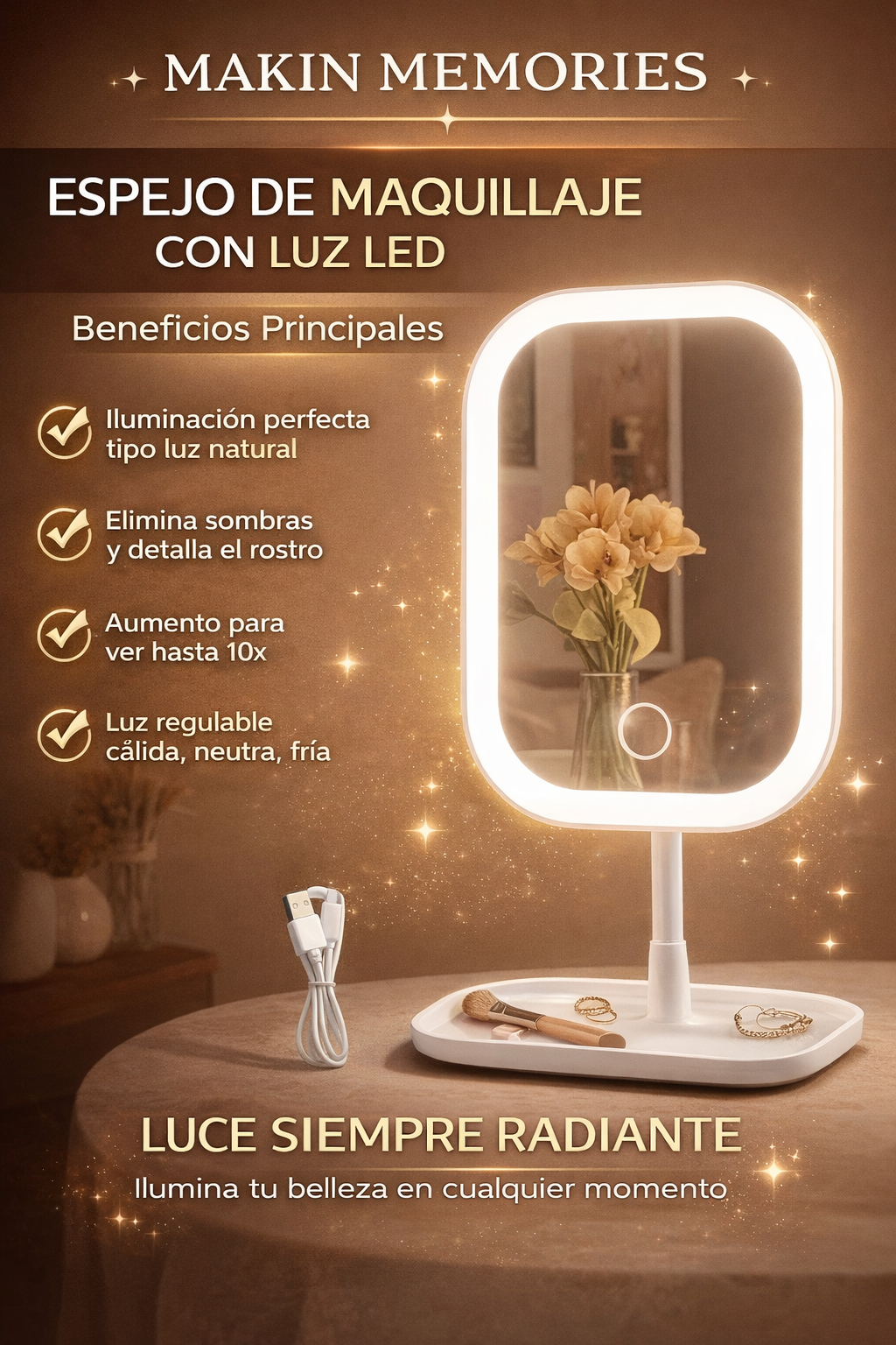 ESPEJO DE MAQUILLAJE CON LUZ LED (Portatil)